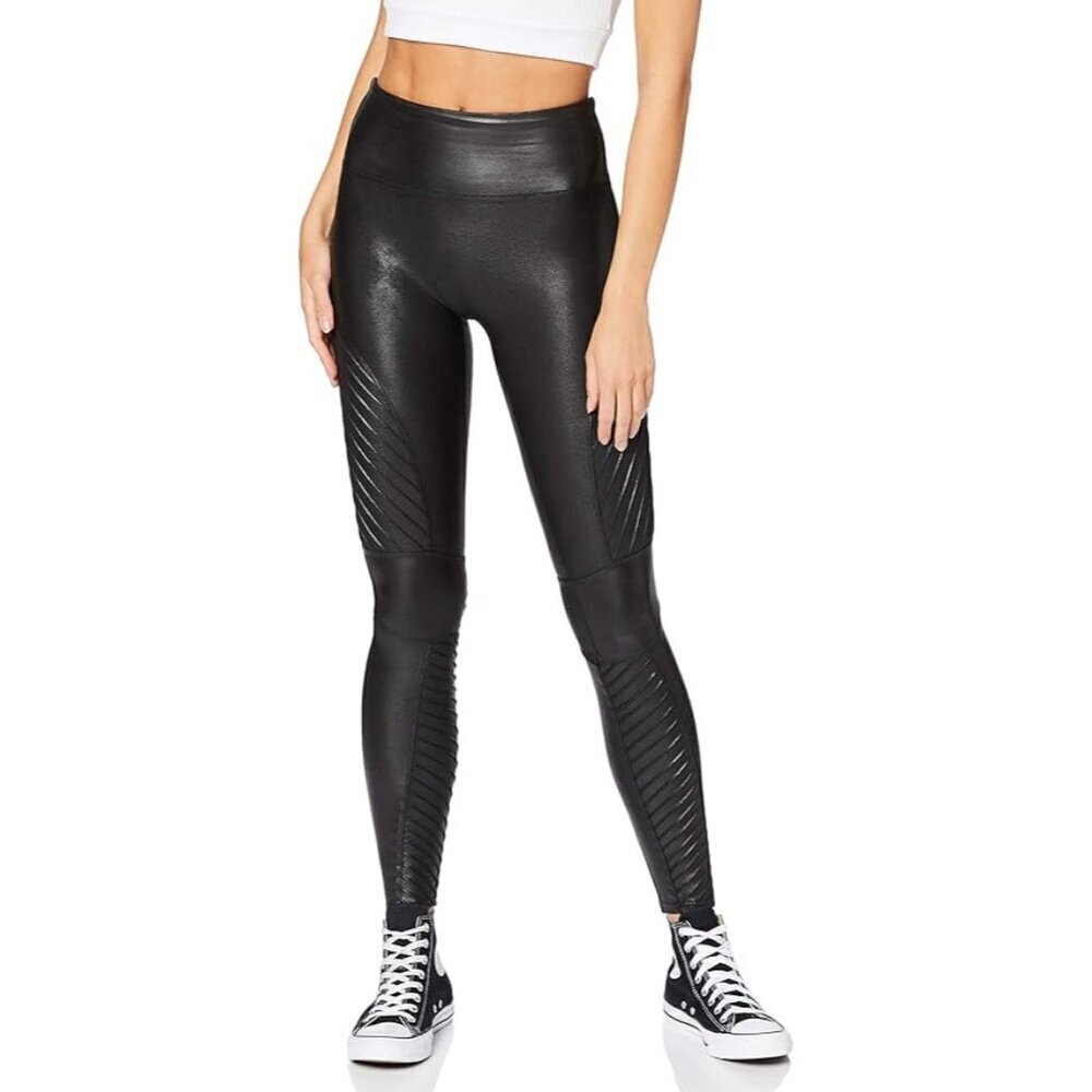 Spanx Moto Black Faux Leather Leggings High Rise Womens Size Medium